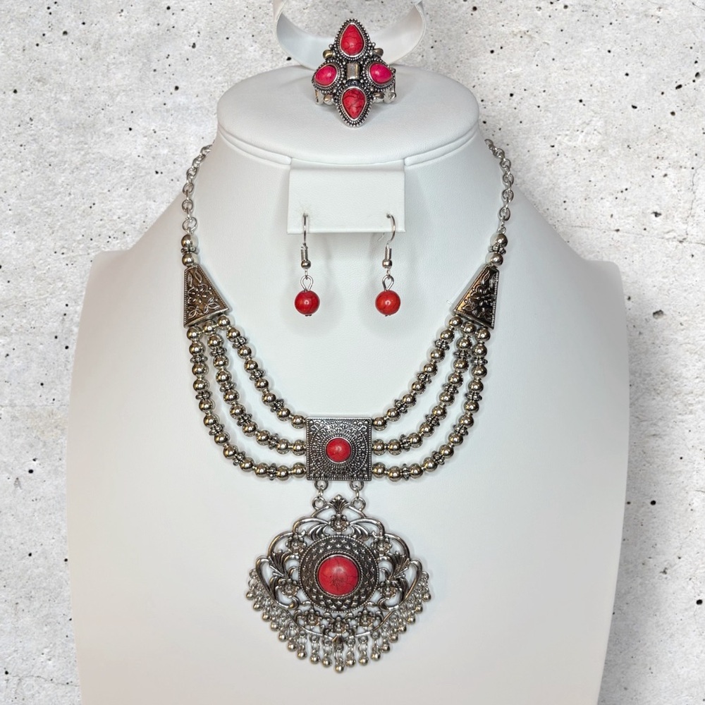 NWT Paparazzi Santa Fe Solstice Red Jewelry 3-piece Set | Necklace Earrings Ring